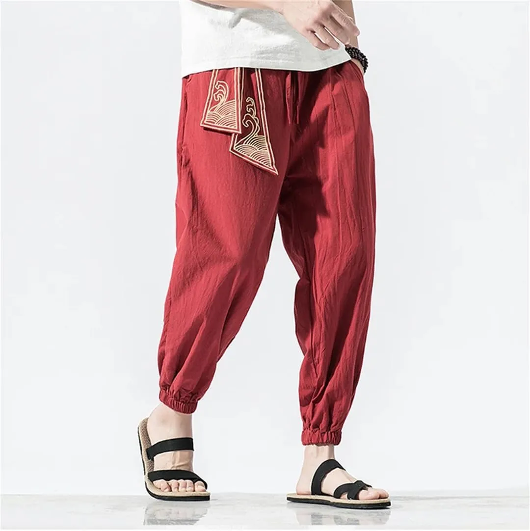 Men Linen Japanese Print Belt Vintage Harem Pants Mens Hip Hop Harajuku Baggy Trousers