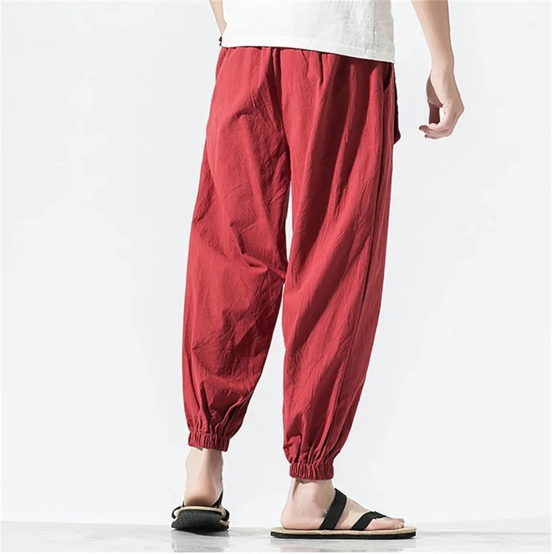 Men Linen Japanese Print Belt Vintage Harem Pants Mens Hip Hop Harajuku Baggy Trousers
