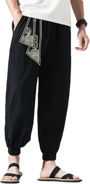 Men Linen Japanese Print Belt Vintage Harem Pants Mens Hip Hop Harajuku Baggy Trousers
