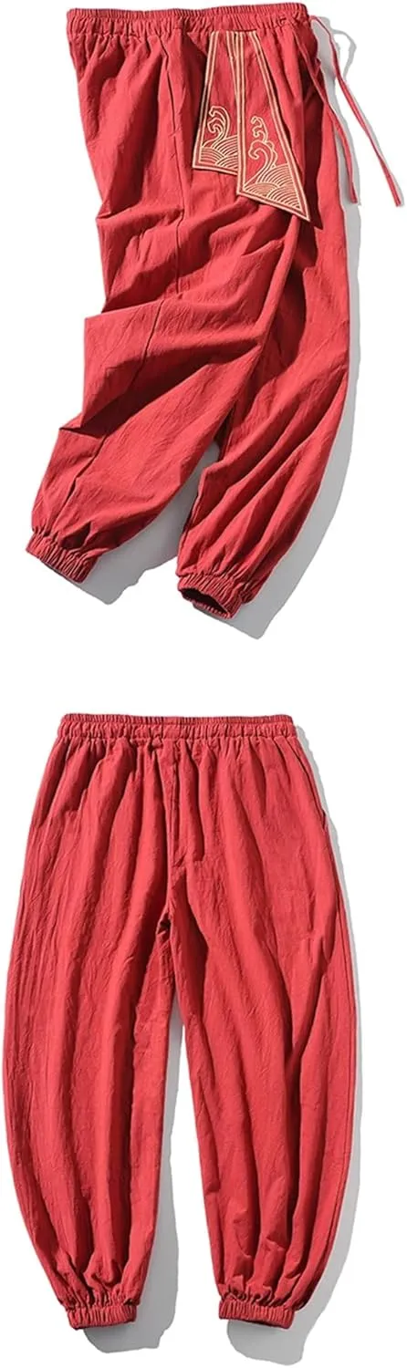 Men Linen Japanese Print Belt Vintage Harem Pants Mens Hip Hop Harajuku Baggy Trousers
