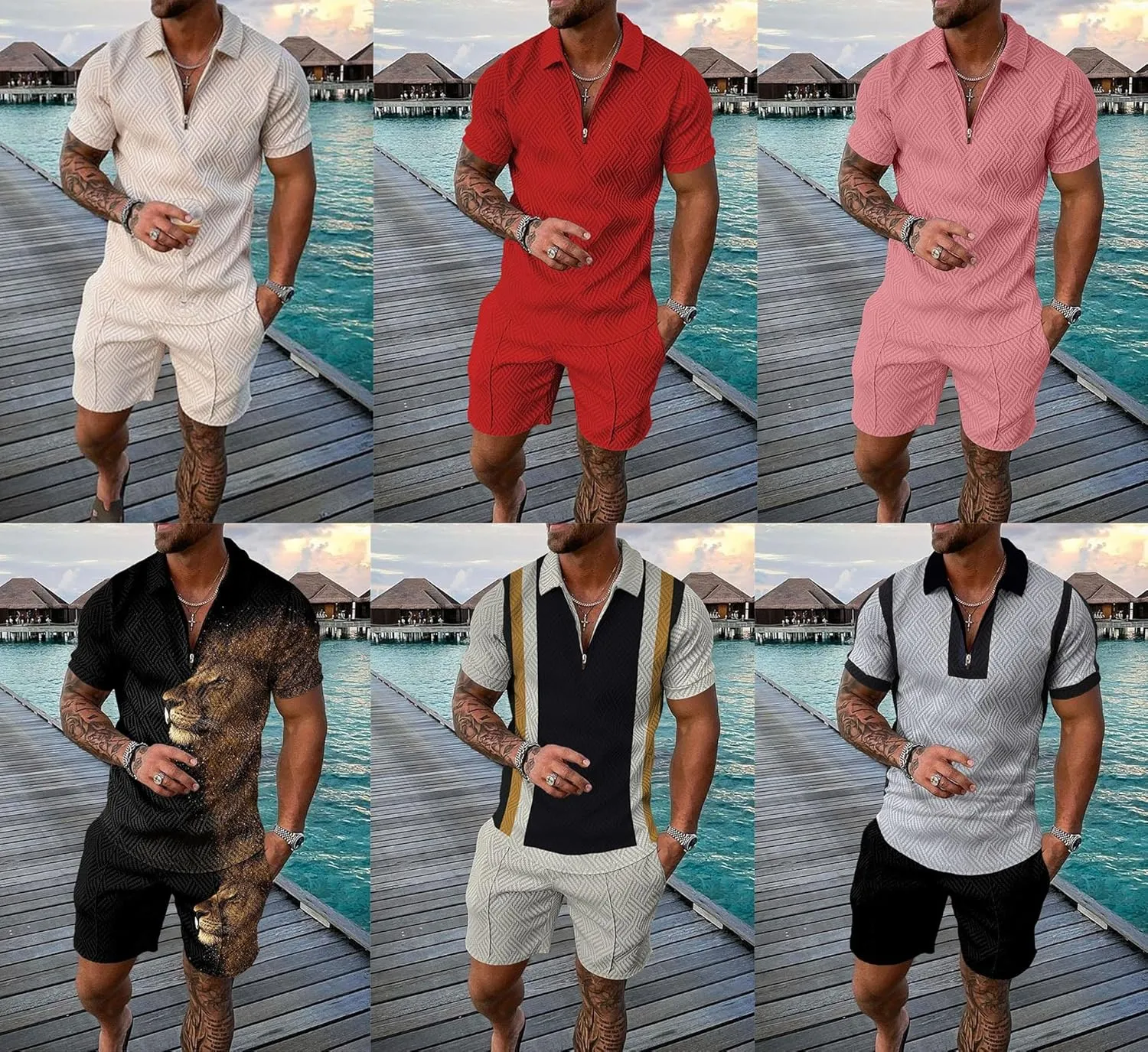 Men Track Suits 2 Piece Set Summer Casual Outfits Fashion Polo Shirts Short Sleeve and Shorts Set Vacation Clothes