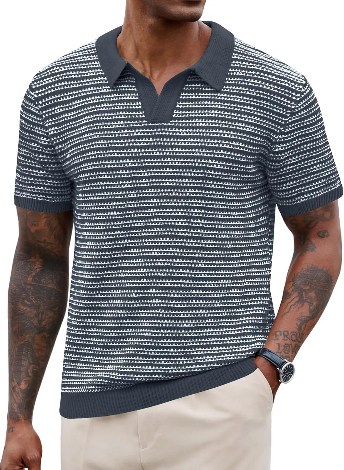 Men V Neck Polo Knit Striped Heavyweight Casual Poloshirts Summer Short Sleeve Shirt (S-XXL)