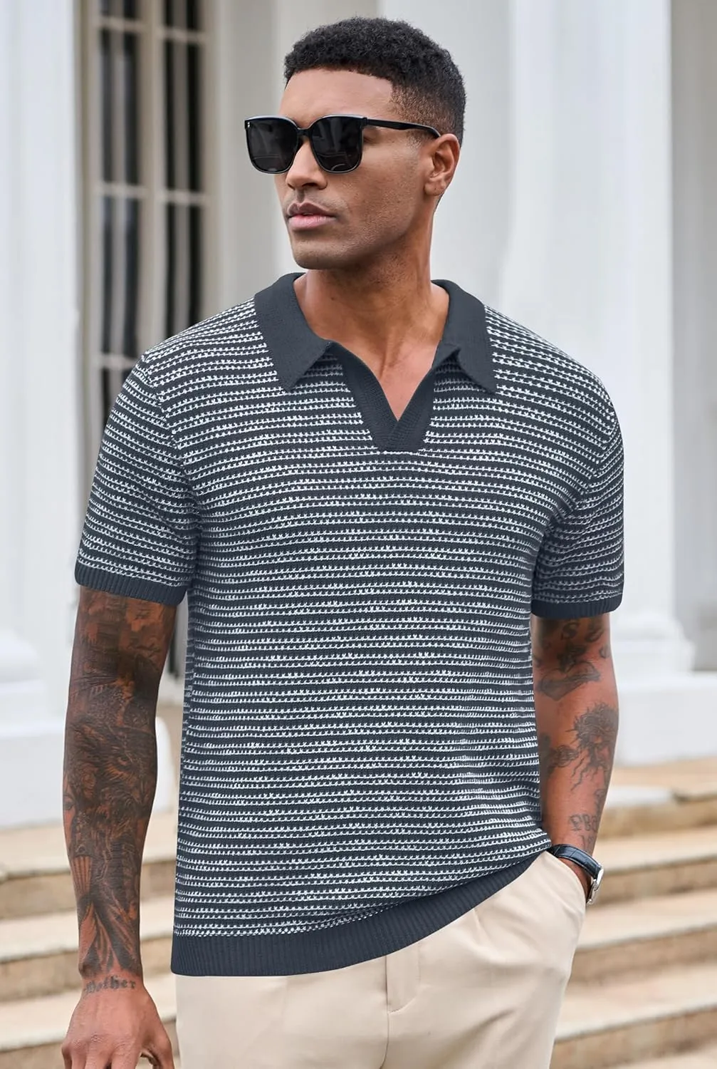 Men V Neck Polo Knit Striped Heavyweight Casual Poloshirts Summer Short Sleeve Shirt (S-XXL)