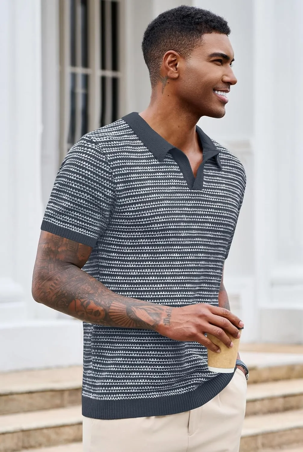 Men V Neck Polo Knit Striped Heavyweight Casual Poloshirts Summer Short Sleeve Shirt (S-XXL)