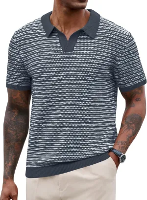 Men V Neck Polo Knit Striped Heavyweight Casual Poloshirts Summer Short Sleeve Shirt (S-XXL)