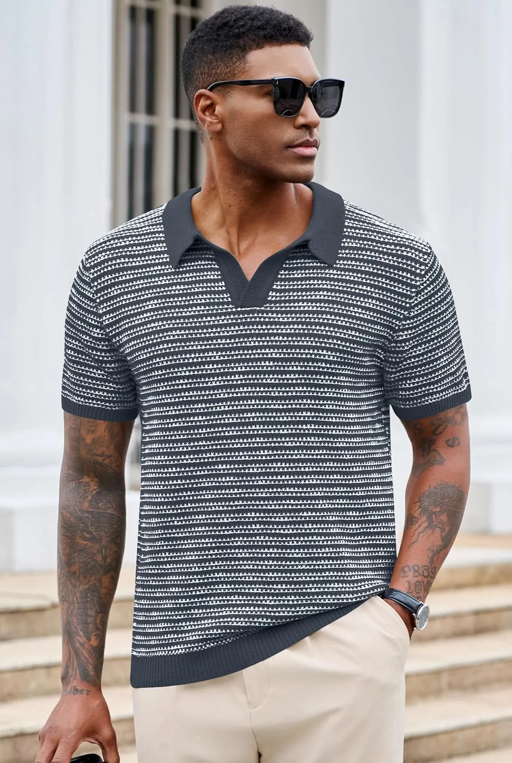 Men V Neck Polo Knit Striped Heavyweight Casual Poloshirts Summer Short Sleeve Shirt (S-XXL)