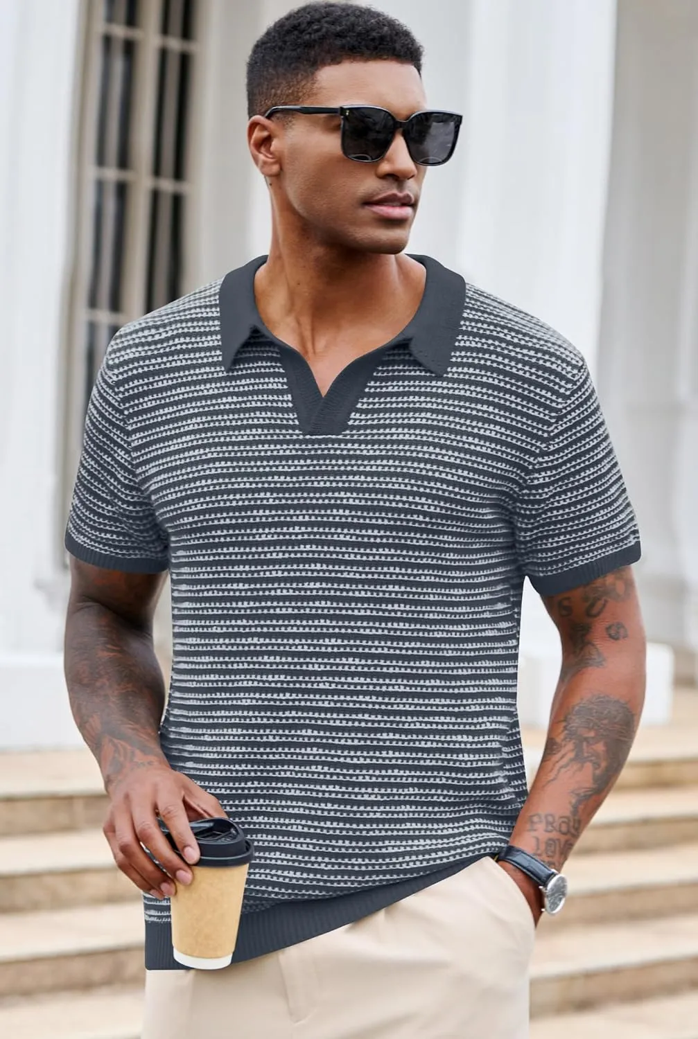 Men V Neck Polo Knit Striped Heavyweight Casual Poloshirts Summer Short Sleeve Shirt (S-XXL)