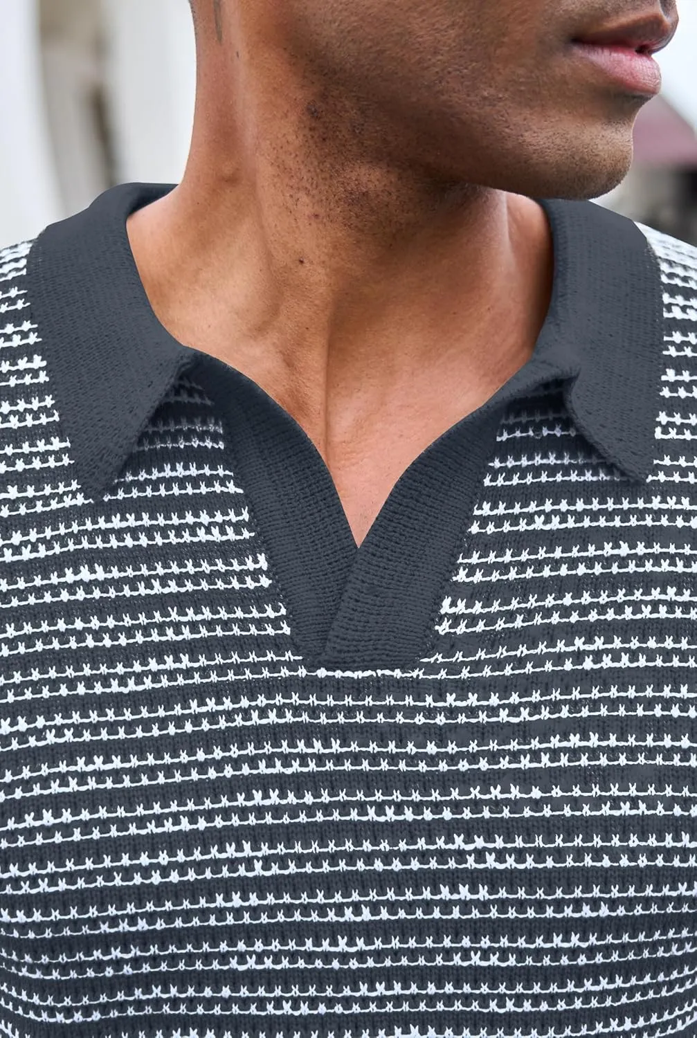 Men V Neck Polo Knit Striped Heavyweight Casual Poloshirts Summer Short Sleeve Shirt (S-XXL)