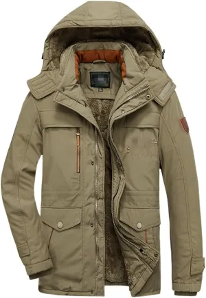 Men Winter Thicken Fleece Jacket Windbreaker Parka Detachable Hood Cotton Padded Coat