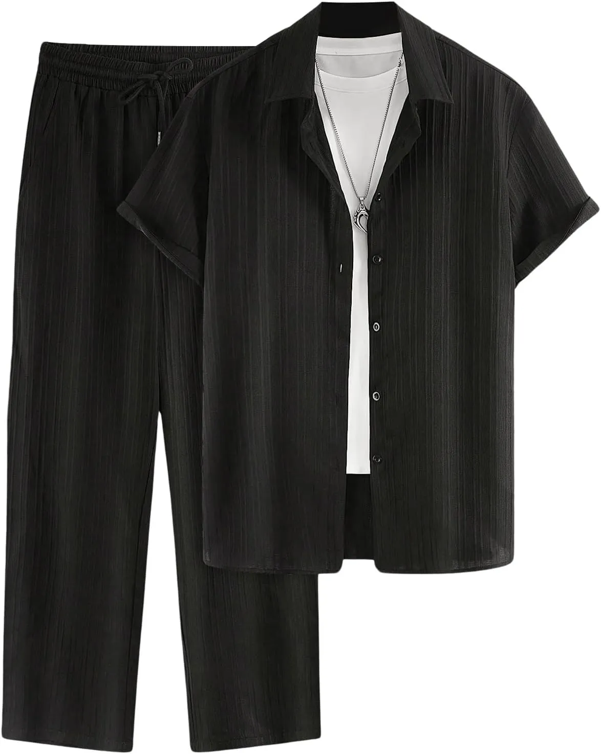 Men's 2 Piece Outfits Short Sleeve Button Down Shirts Drawstring High Waisted Pants Vacation Sets