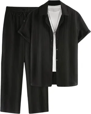 Men's 2 Piece Outfits Short Sleeve Button Down Shirts Drawstring High Waisted Pants Vacation Sets
