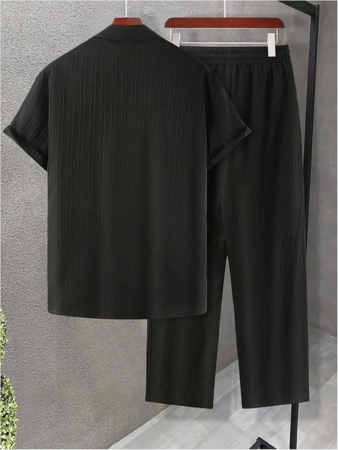 Men's 2 Piece Outfits Short Sleeve Button Down Shirts Drawstring High Waisted Pants Vacation Sets
