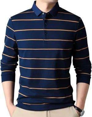 Mens Casual Cotton Striped Slim Fit Long Sleeve Collared T Shirt Polo Shirts