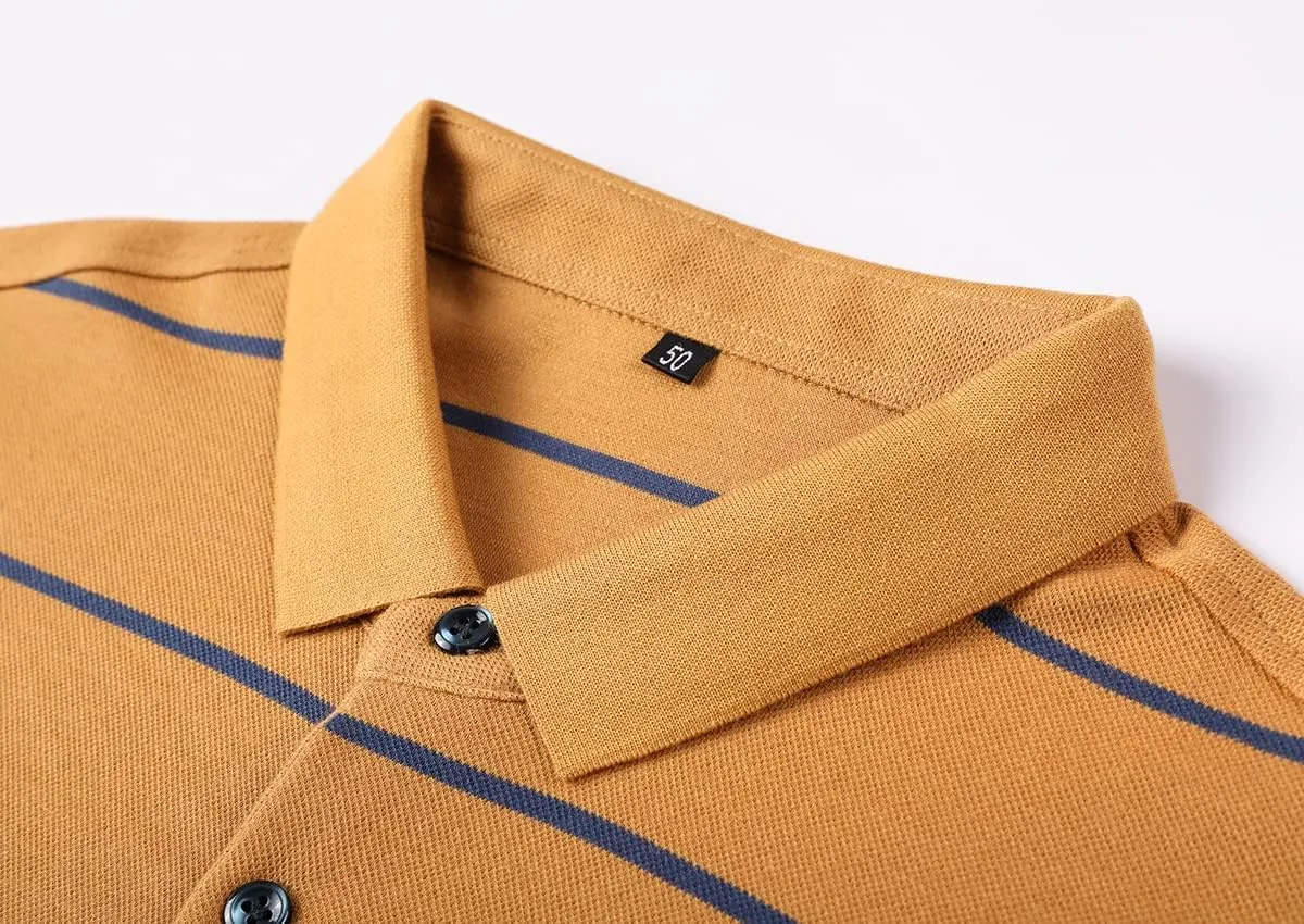 Mens Casual Cotton Striped Slim Fit Long Sleeve Collared T Shirt Polo Shirts