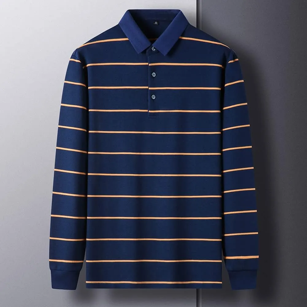 Mens Casual Cotton Striped Slim Fit Long Sleeve Collared T Shirt Polo Shirts