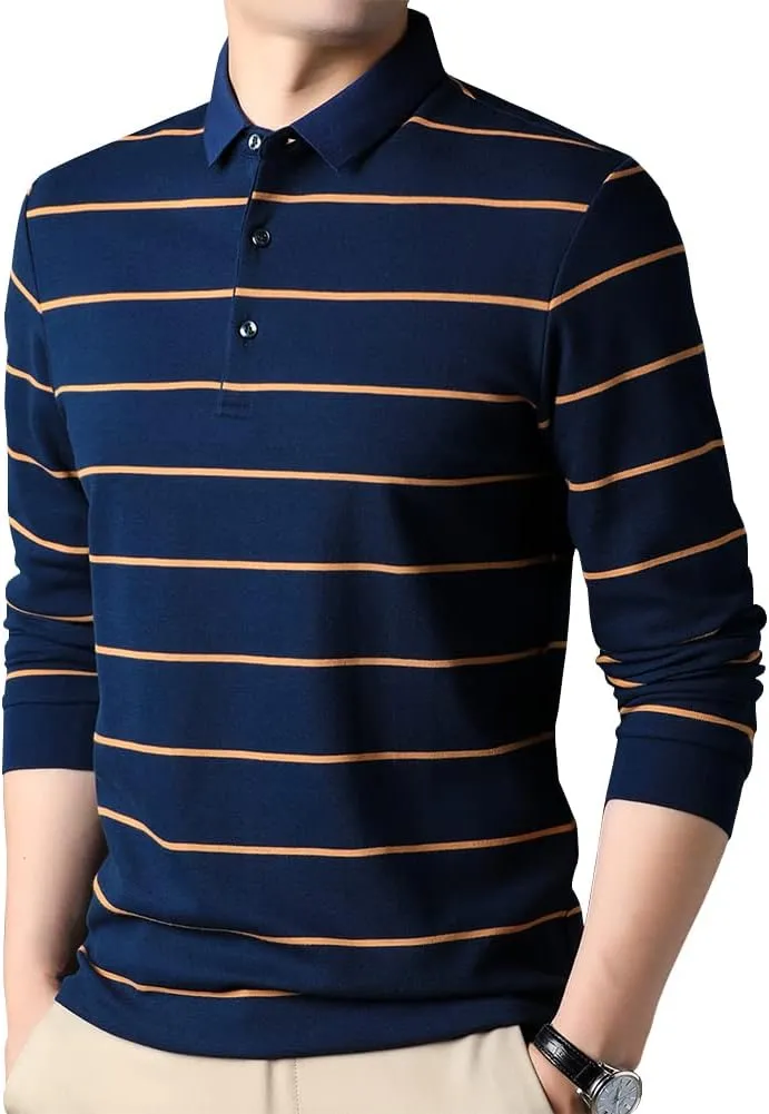 Mens Casual Cotton Striped Slim Fit Long Sleeve Collared T Shirt Polo Shirts