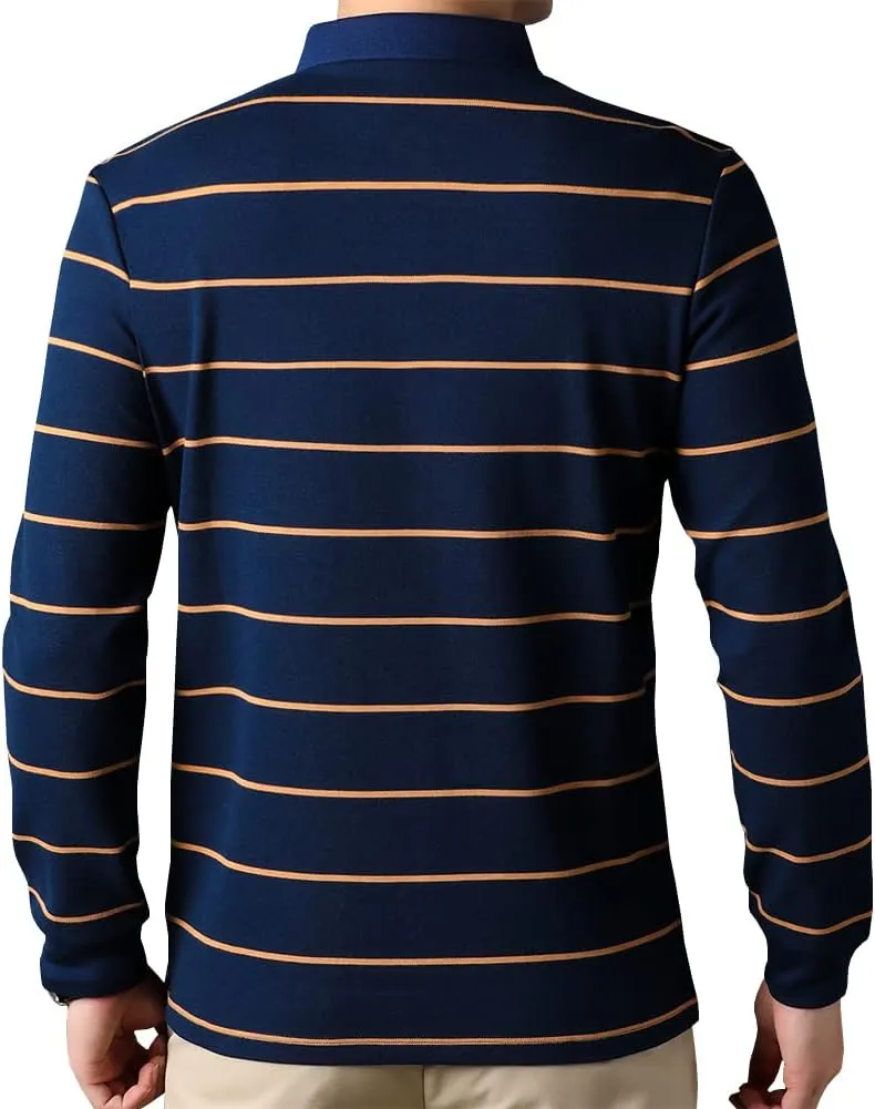 Mens Casual Cotton Striped Slim Fit Long Sleeve Collared T Shirt Polo Shirts