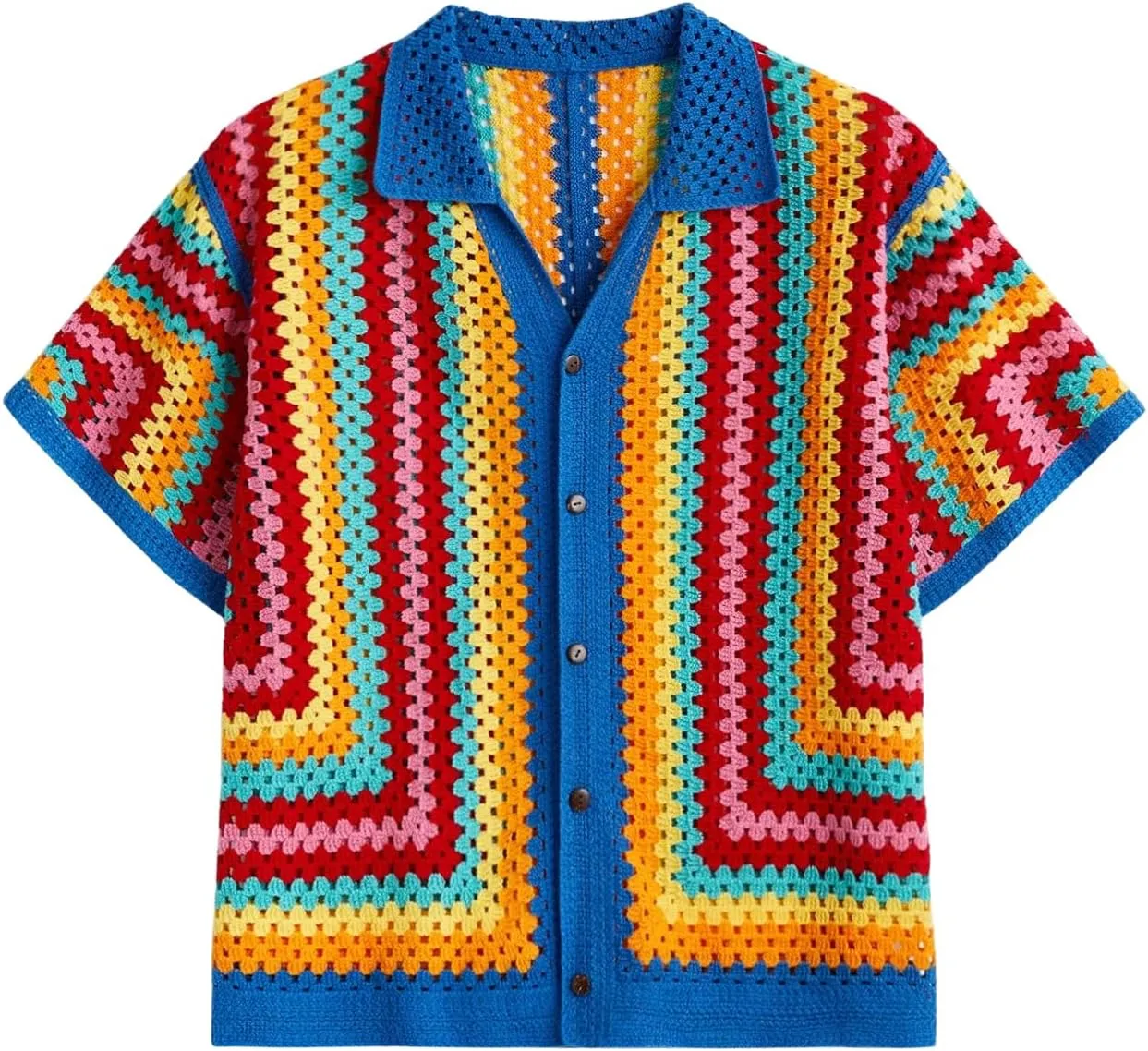 Men's Knitted Shirt Summer Vintage Striped Short Sleeve Casual Button Down Shirts Sweater