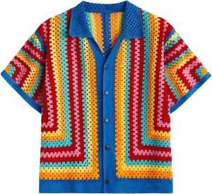 Men's Knitted Shirt Summer Vintage Striped Short Sleeve Casual Button Down Shirts Sweater