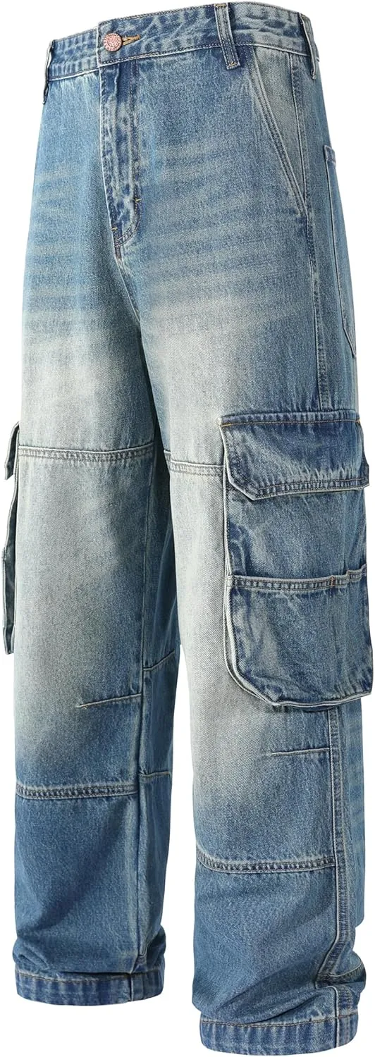 Men's Non-Stretch Loose Fit Wide-Leg Baggy Cargo Jeans Pants