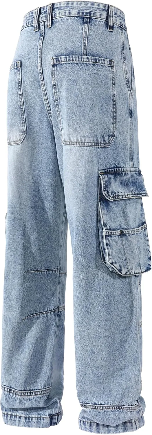 Men's Non-Stretch Loose Fit Wide-Leg Baggy Cargo Jeans Pants
