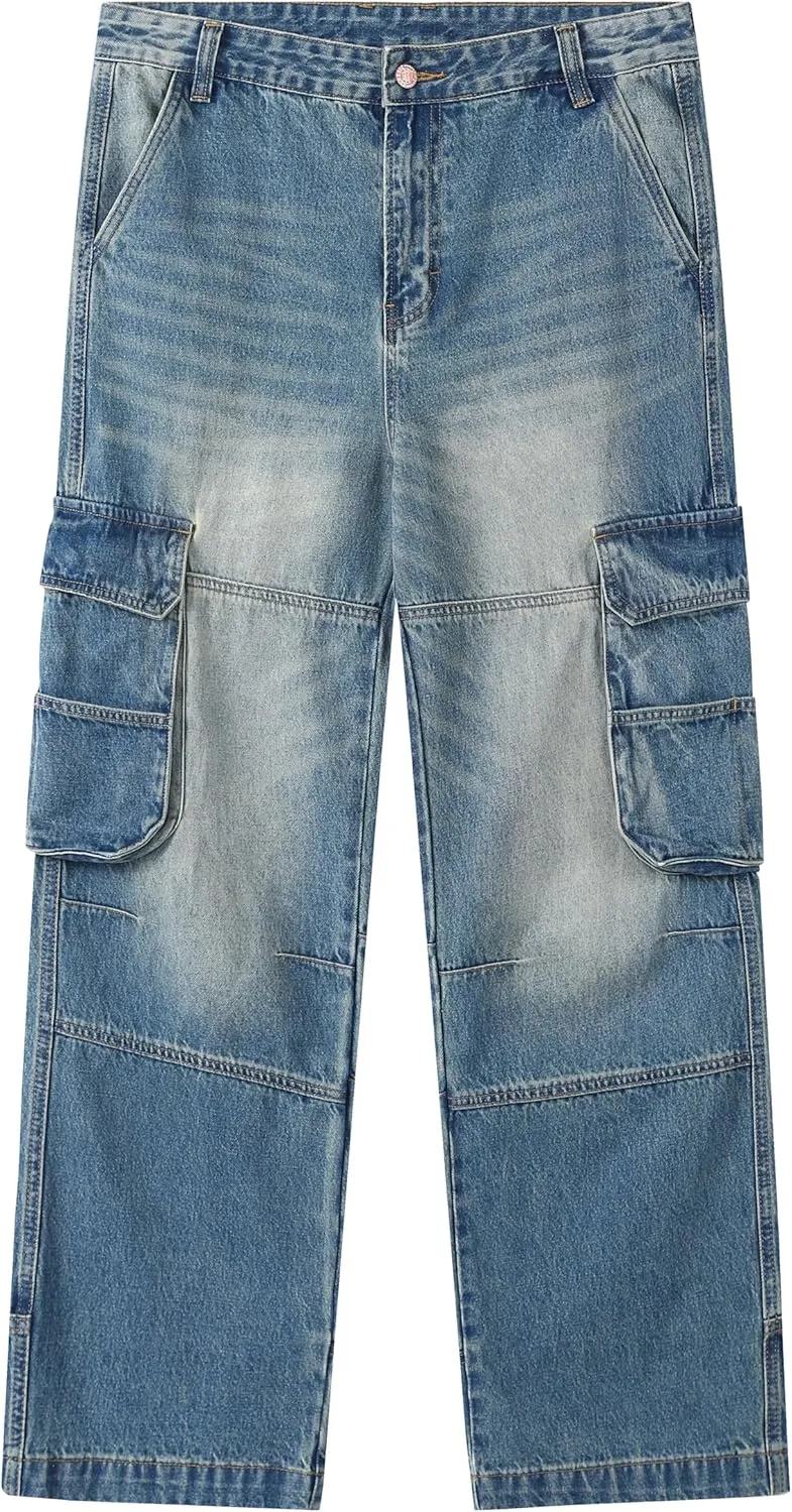 Men's Non-Stretch Loose Fit Wide-Leg Baggy Cargo Jeans Pants