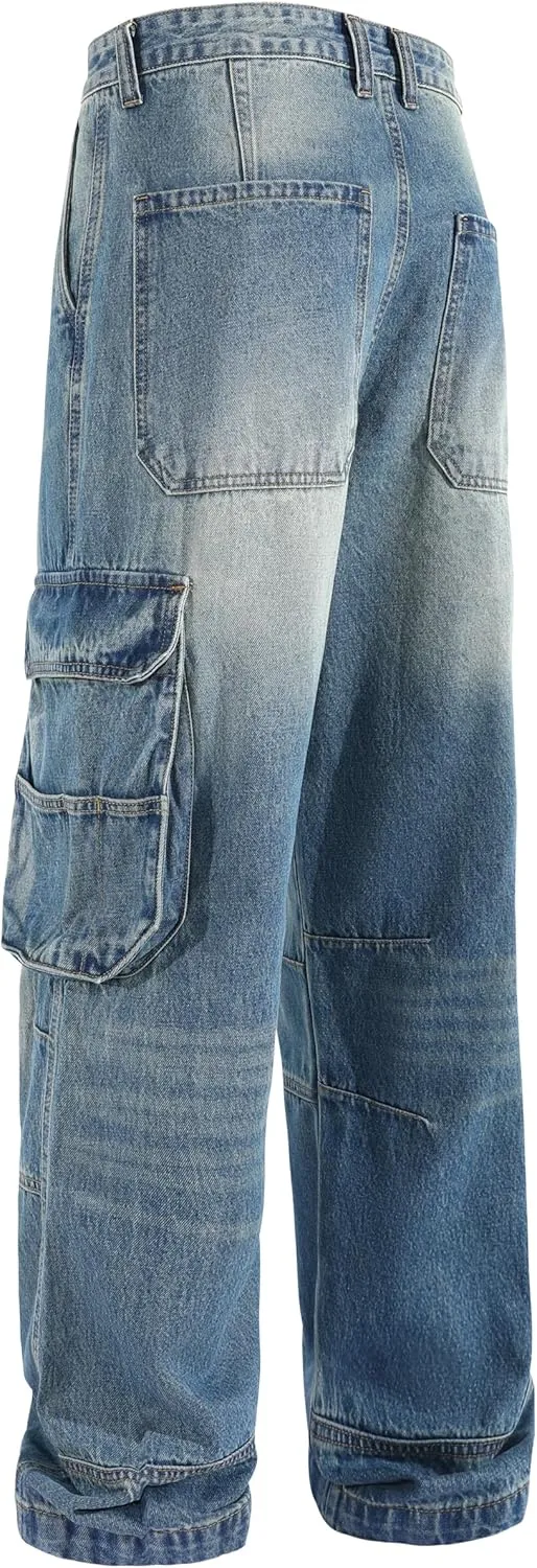 Men's Non-Stretch Loose Fit Wide-Leg Baggy Cargo Jeans Pants