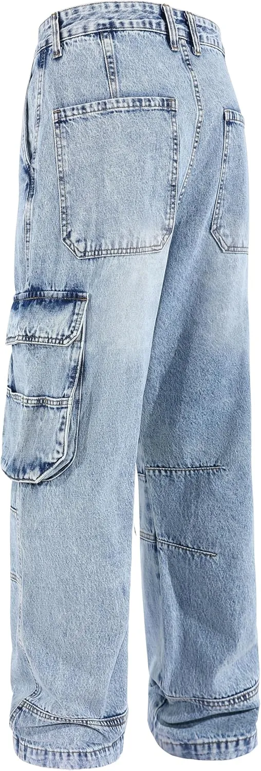 Men's Non-Stretch Loose Fit Wide-Leg Baggy Cargo Jeans Pants