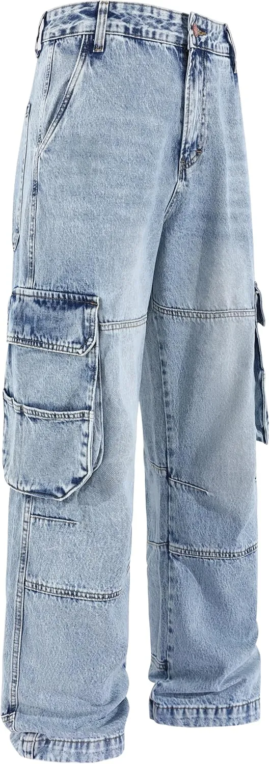 Men's Non-Stretch Loose Fit Wide-Leg Baggy Cargo Jeans Pants