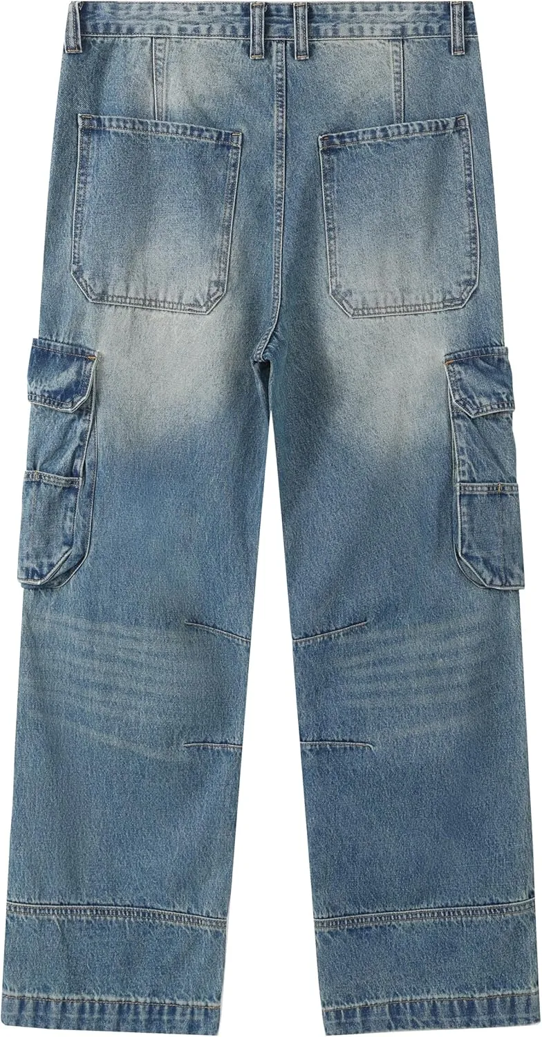 Men's Non-Stretch Loose Fit Wide-Leg Baggy Cargo Jeans Pants