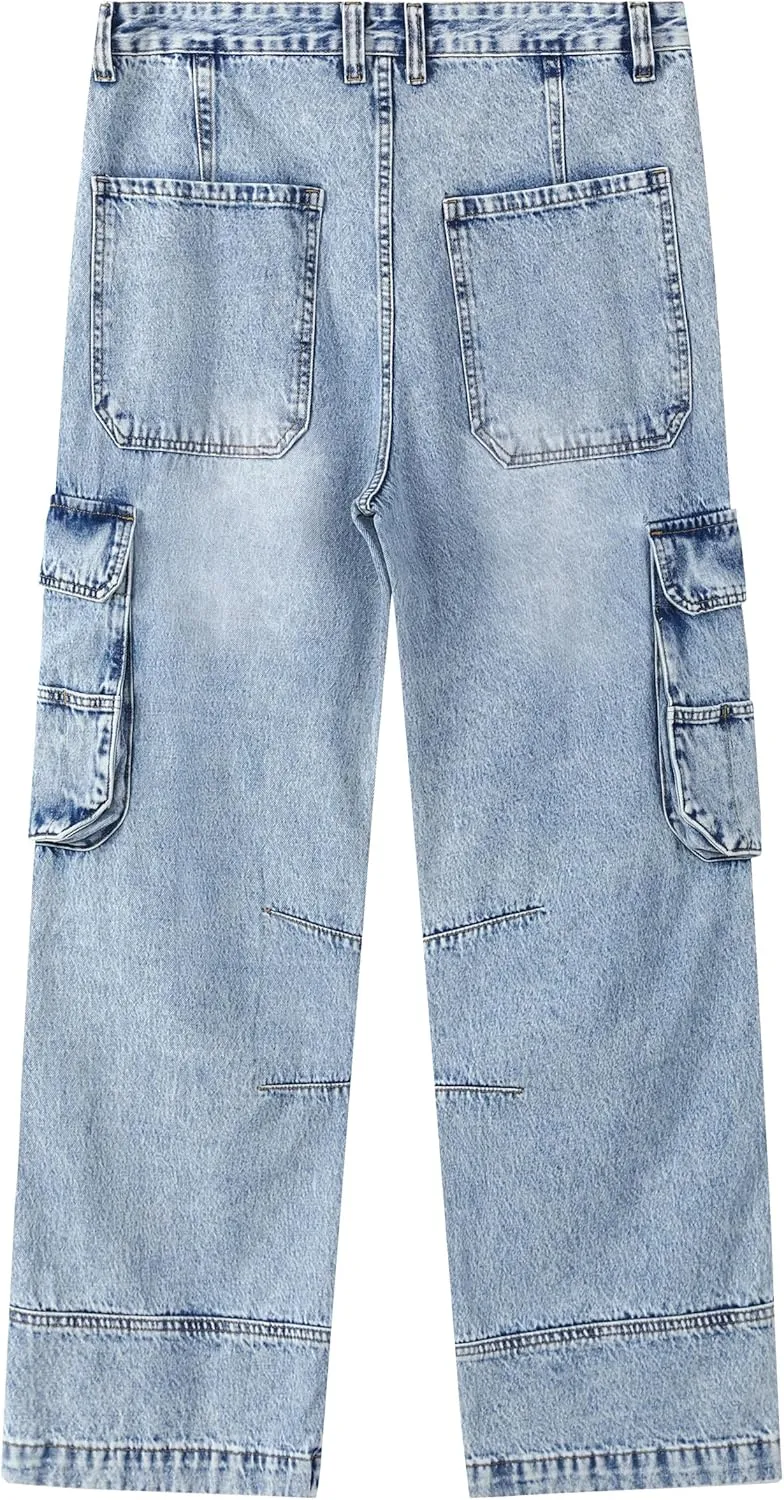 Men's Non-Stretch Loose Fit Wide-Leg Baggy Cargo Jeans Pants