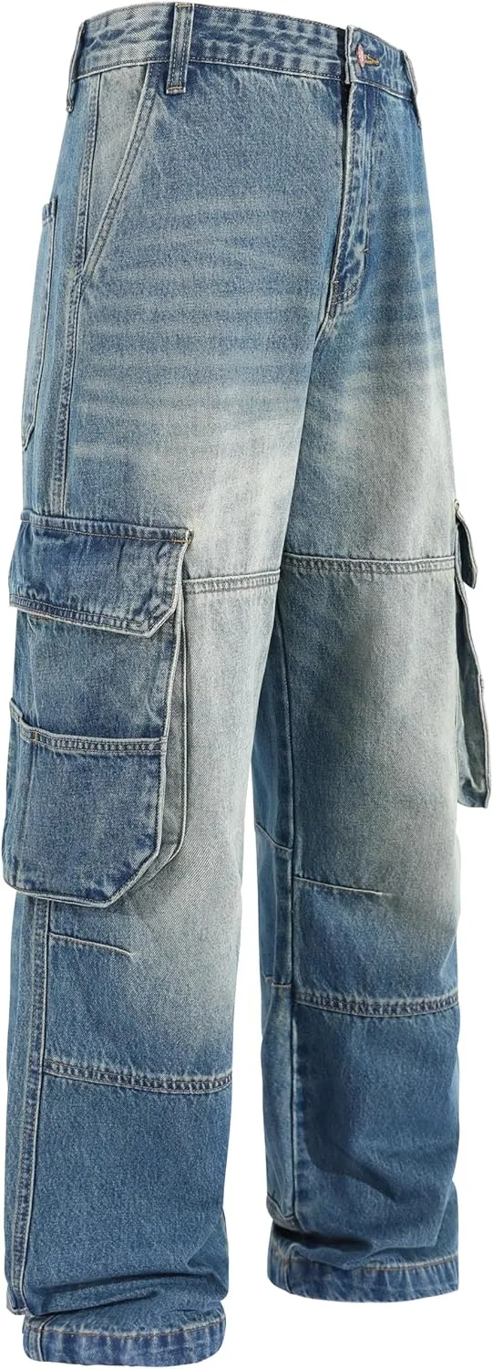 Men's Non-Stretch Loose Fit Wide-Leg Baggy Cargo Jeans Pants