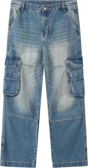 Men's Non-Stretch Loose Fit Wide-Leg Baggy Cargo Jeans Pants