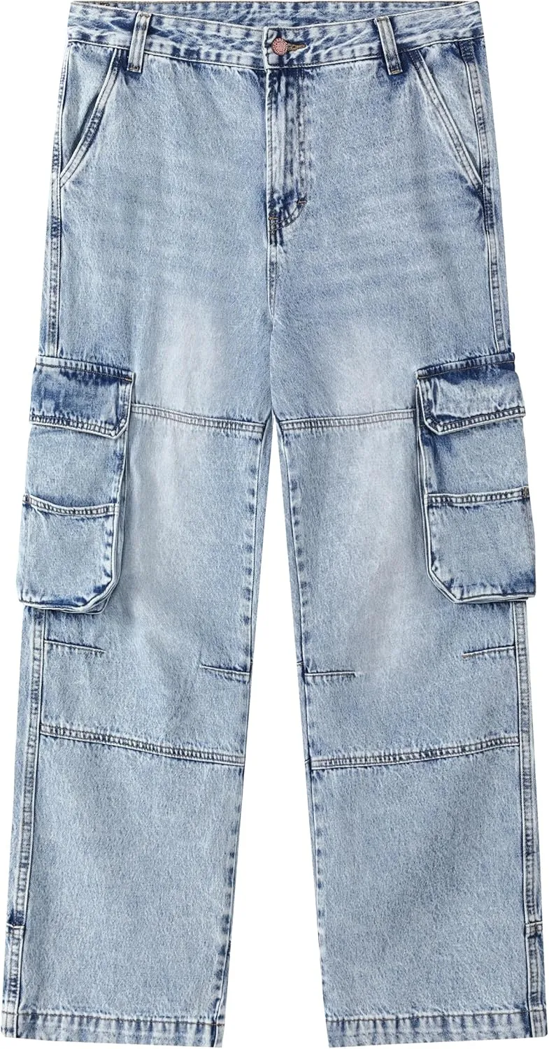 Men's Non-Stretch Loose Fit Wide-Leg Baggy Cargo Jeans Pants