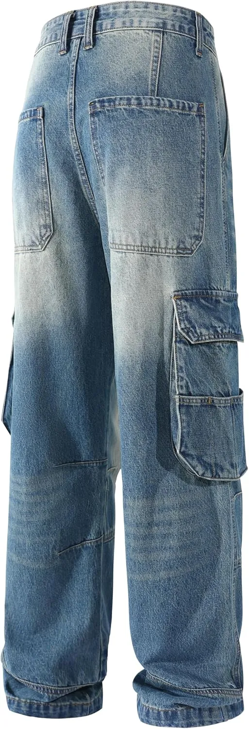 Men's Non-Stretch Loose Fit Wide-Leg Baggy Cargo Jeans Pants