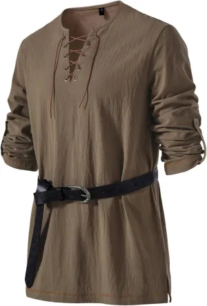 Men's Pure Cotton Vintage Lace Up Shirts for Pirate Renaissance Viking Medieval Costume Without Belt