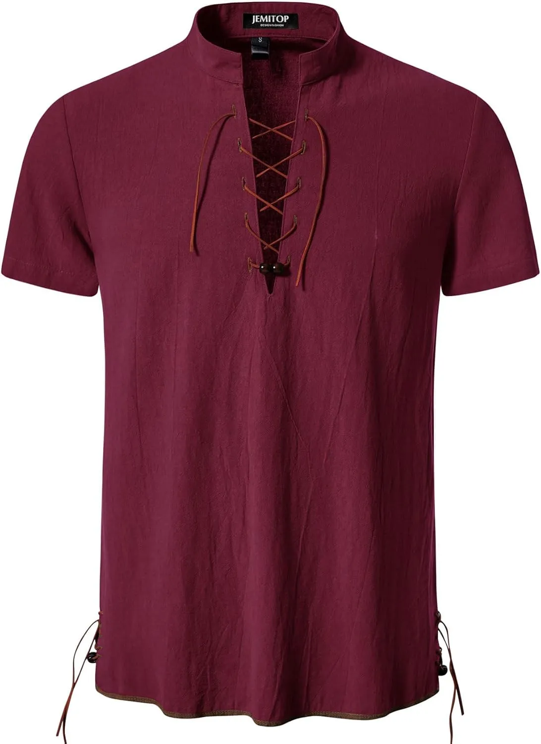 Men's Pure Cotton Vintage Short Sleeve Lace Up Shirts for Renaissance Pirate Viking Medieval Costume