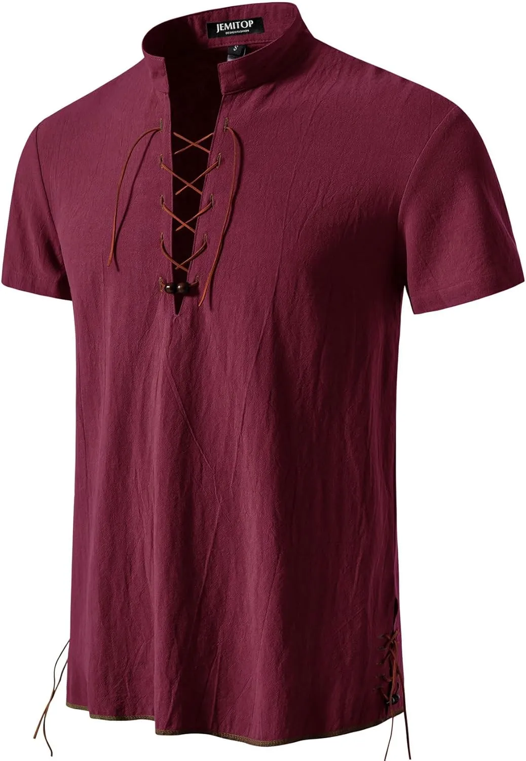 Men's Pure Cotton Vintage Short Sleeve Lace Up Shirts for Renaissance Pirate Viking Medieval Costume