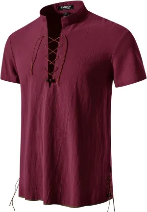 Men's Pure Cotton Vintage Short Sleeve Lace Up Shirts for Renaissance Pirate Viking Medieval Costume