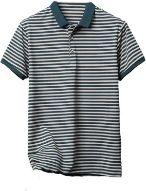 Men's Short-Sleeved Striped Polo Shirt, Buttons-Down Lapel Business Casual T-Shirt Tee