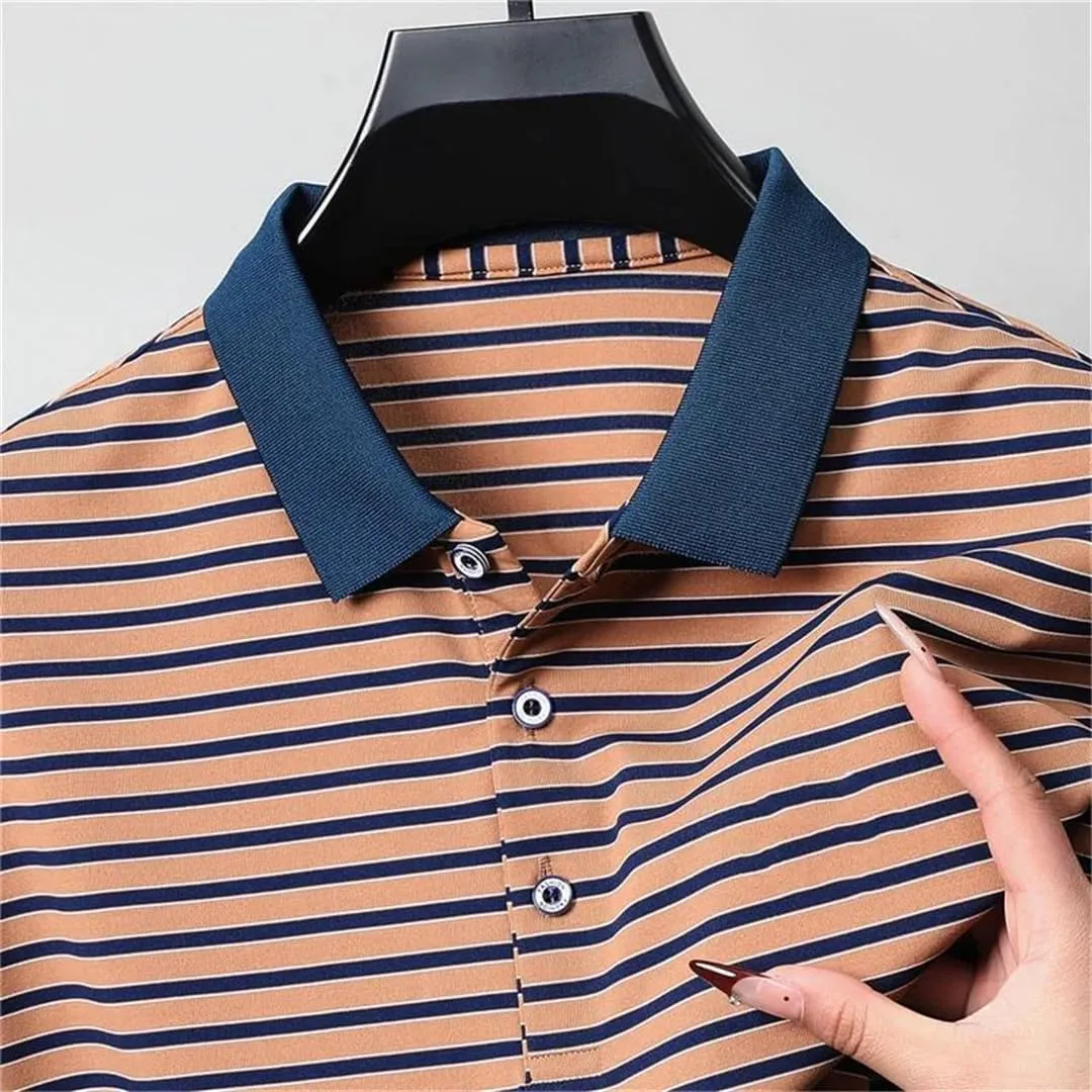 Men's Short-Sleeved Striped Polo Shirt, Buttons-Down Lapel Business Casual T-Shirt Tee