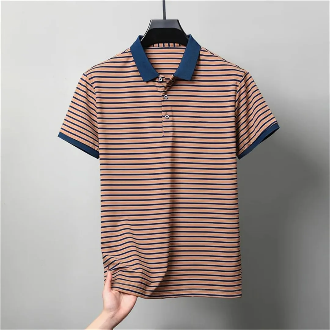 Men's Short-Sleeved Striped Polo Shirt, Buttons-Down Lapel Business Casual T-Shirt Tee