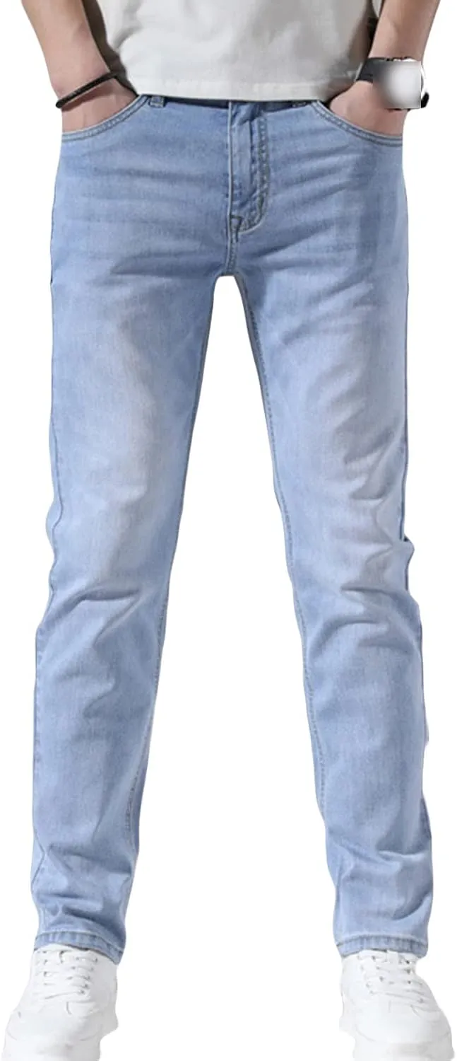 Men's Slim Fit Skinny Stretch Jeans Classic Retro Straight Leg Denim Pants Washed Distressed Comfy Jean Trousers