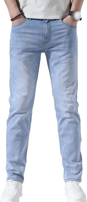 Men's Slim Fit Skinny Stretch Jeans Classic Retro Straight Leg Denim Pants Washed Distressed Comfy Jean Trousers