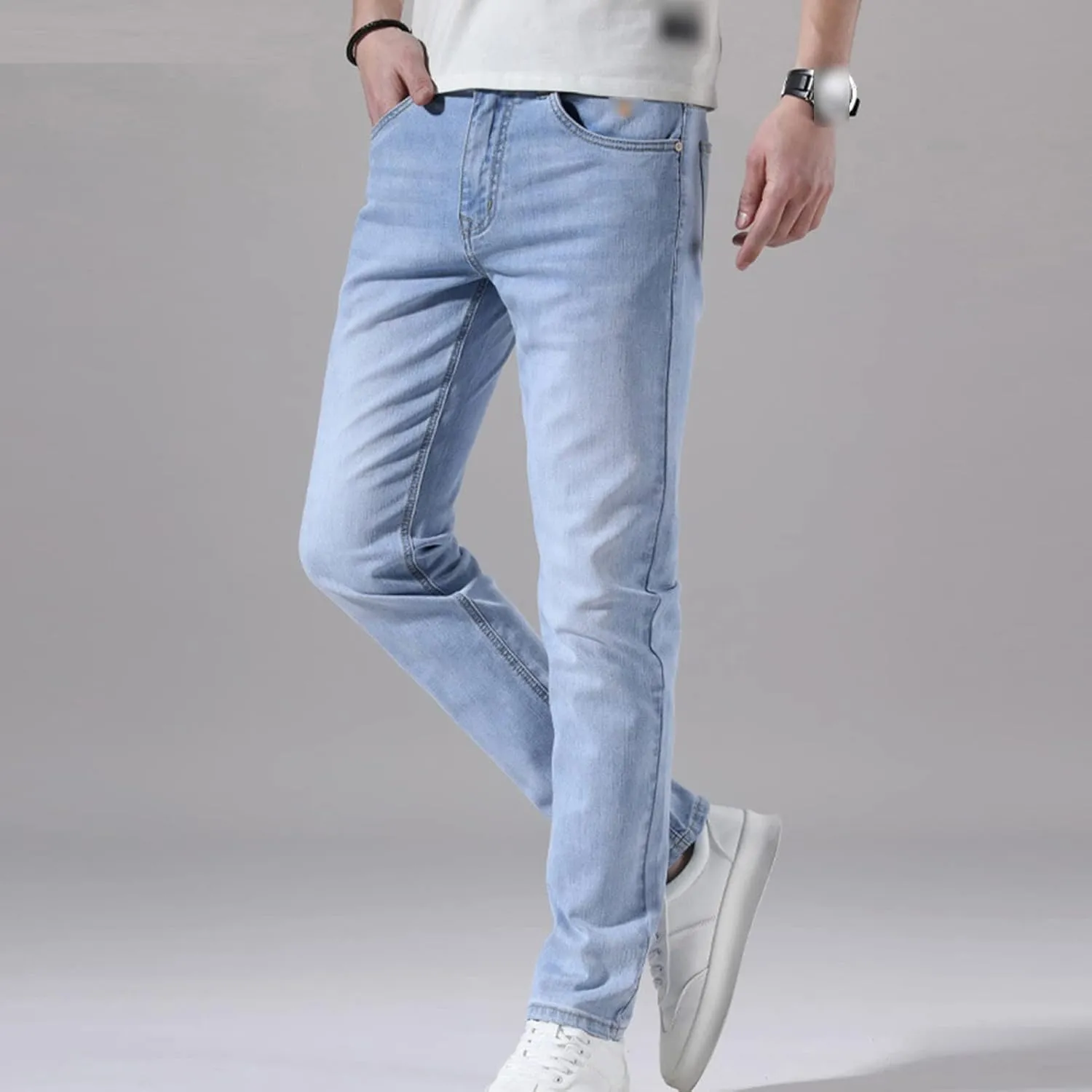 Men's Slim Fit Skinny Stretch Jeans Classic Retro Straight Leg Denim Pants Washed Distressed Comfy Jean Trousers
