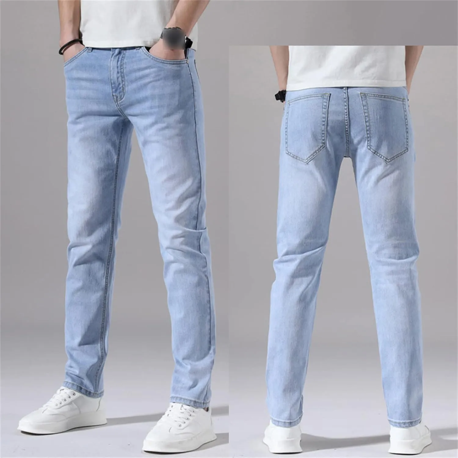 Men's Slim Fit Skinny Stretch Jeans Classic Retro Straight Leg Denim Pants Washed Distressed Comfy Jean Trousers