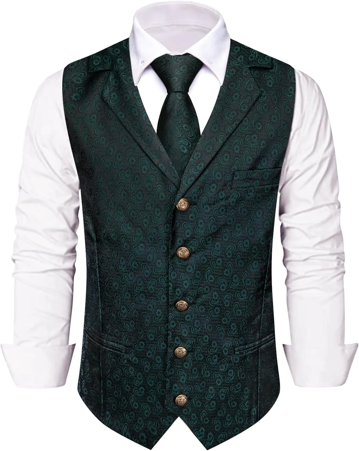 Mens Suit Vest 4PC Silk Paisley Vest with Necktie Pocket Square Cufflinks Formal Woven Waistcoat for Suit Tuxedo