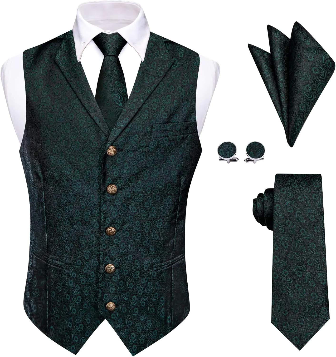Mens Suit Vest 4PC Silk Paisley Vest with Necktie Pocket Square Cufflinks Formal Woven Waistcoat for Suit Tuxedo