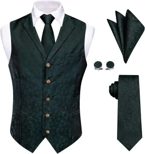 Mens Suit Vest 4PC Silk Paisley Vest with Necktie Pocket Square Cufflinks Formal Woven Waistcoat for Suit Tuxedo