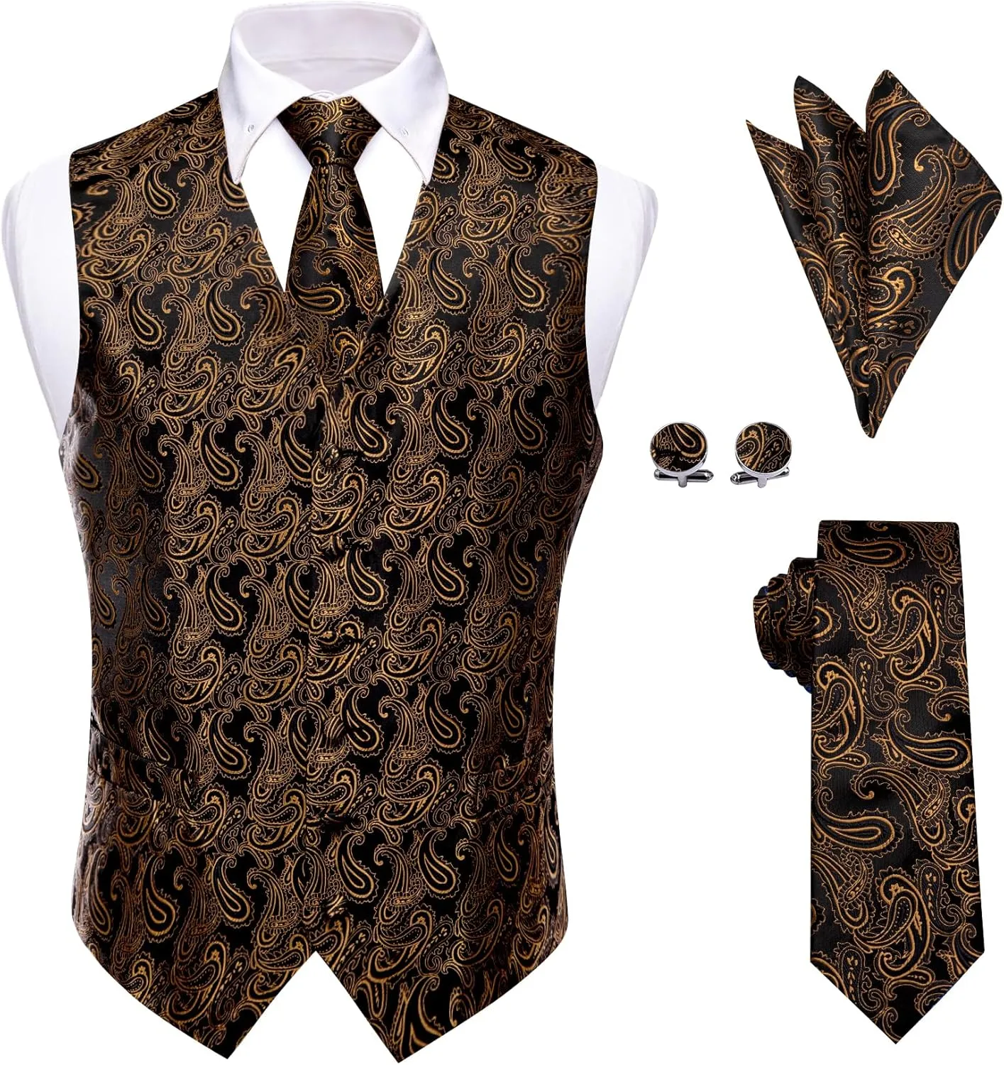 Mens Suit Vest 4PC Silk Paisley Vest with Necktie Pocket Square Cufflinks Formal Woven Waistcoat for Suit Tuxedo